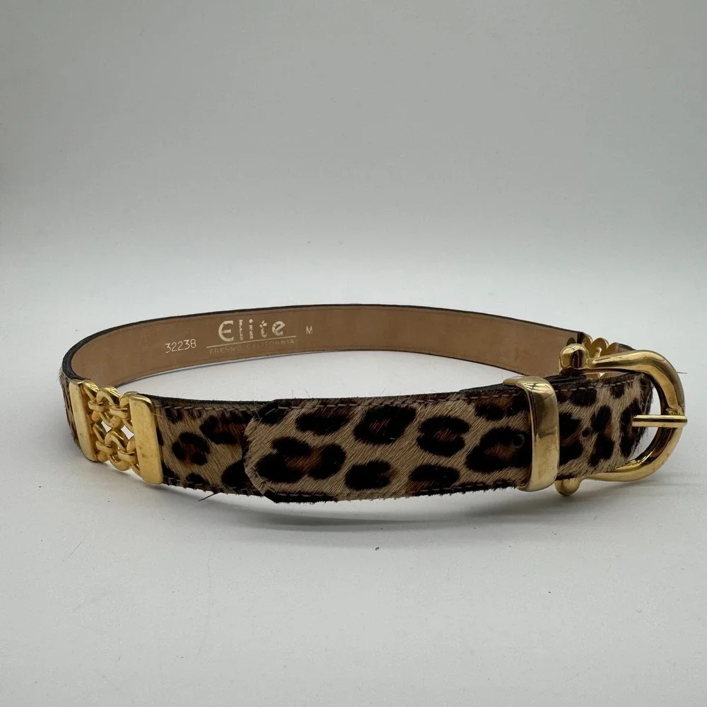Elite Fresno California Leopard Print Calf Hair Belt Gold Chain Link Accents M
